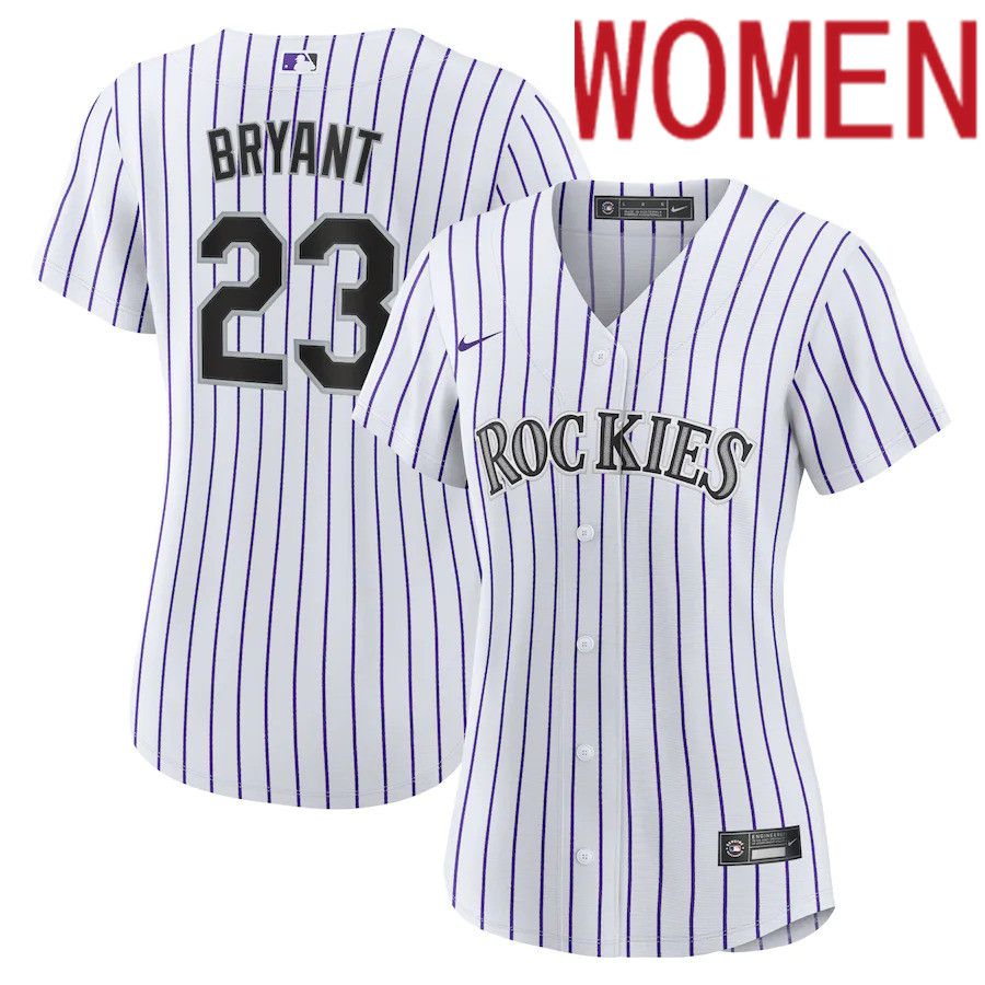 Women Colorado Rockies 23 Kris Bryant Nike White Purple Replica Player MLB Jersey
